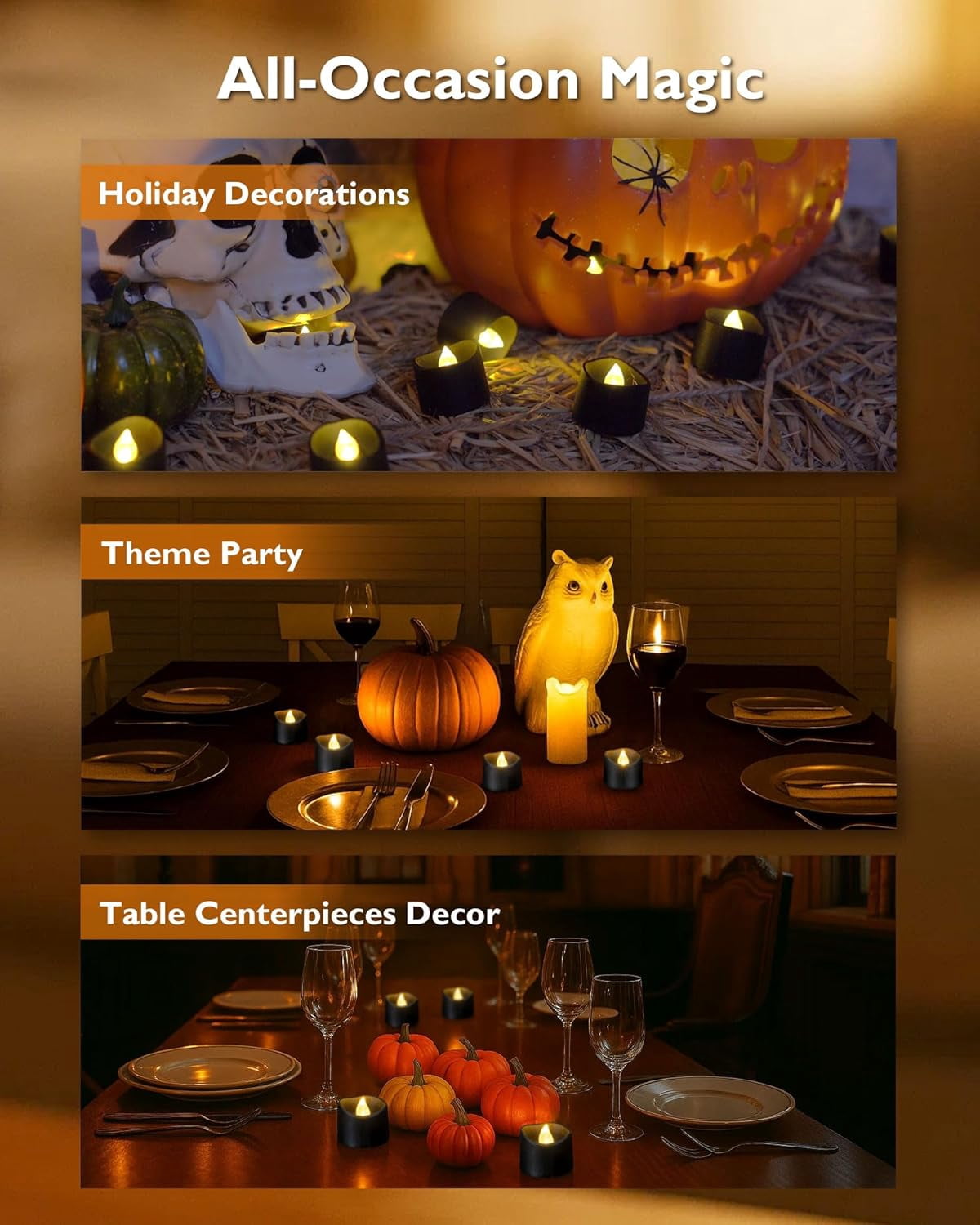 Homemory Black Tea Lights Candles Battery Operated, 24-Pack Flameless Votive Candles, 200+Hours Flickering LED Candles Colored Tealights Candles for Halloween, Holiday Decor, Theme Party, Table Decor