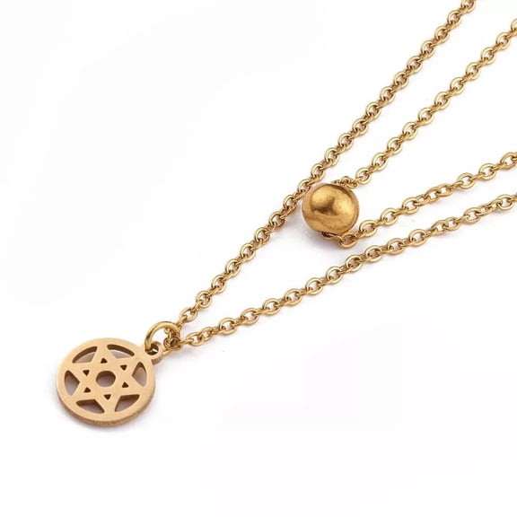 Stainless Steel Gold Double Layer Bead Star Of David Pendant Necklace 16 Inch Lobster Clasp Z463