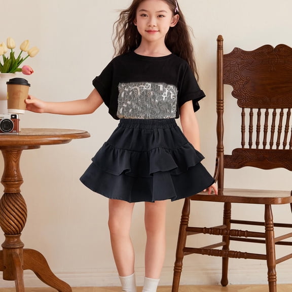 ATOGUTA Skirts Girls Casual Mini Flare Pleated Stretch Waist Skater Dance Party School Uniform Skirts Size 3T-14, Black