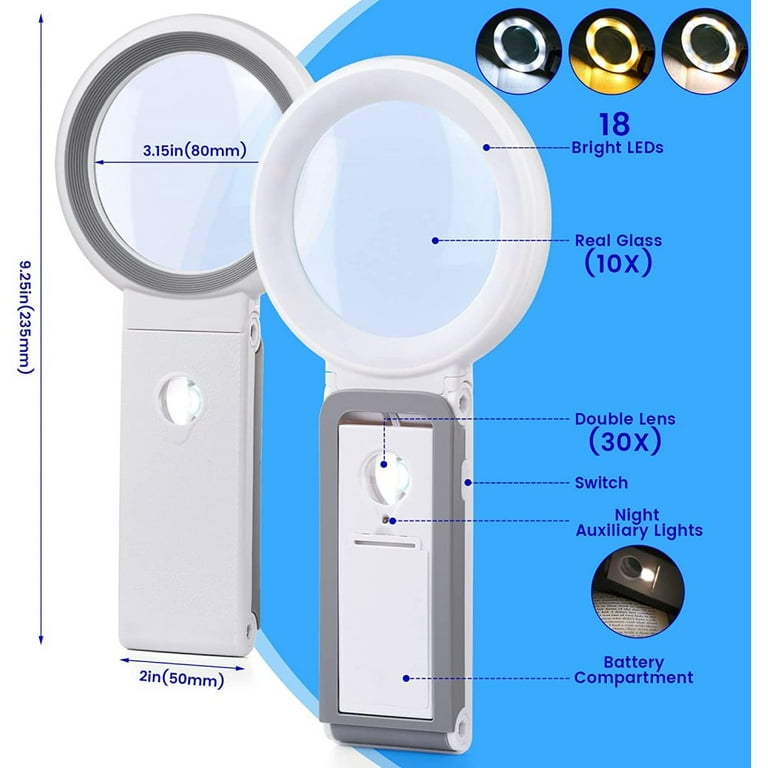 Magnifying Glass with Light and Stand, Foldable Handheld Magnifying Glass 18 LED Illuminated Lighted Magnifier for Macular Degeneration, Seniors