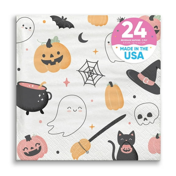 Big Dot of Happiness Pastel Halloween Party Napkins, Pink Pumpkin Birthday Party Decor, White 3-Ply Paper Beverage Napkins - 24 Count