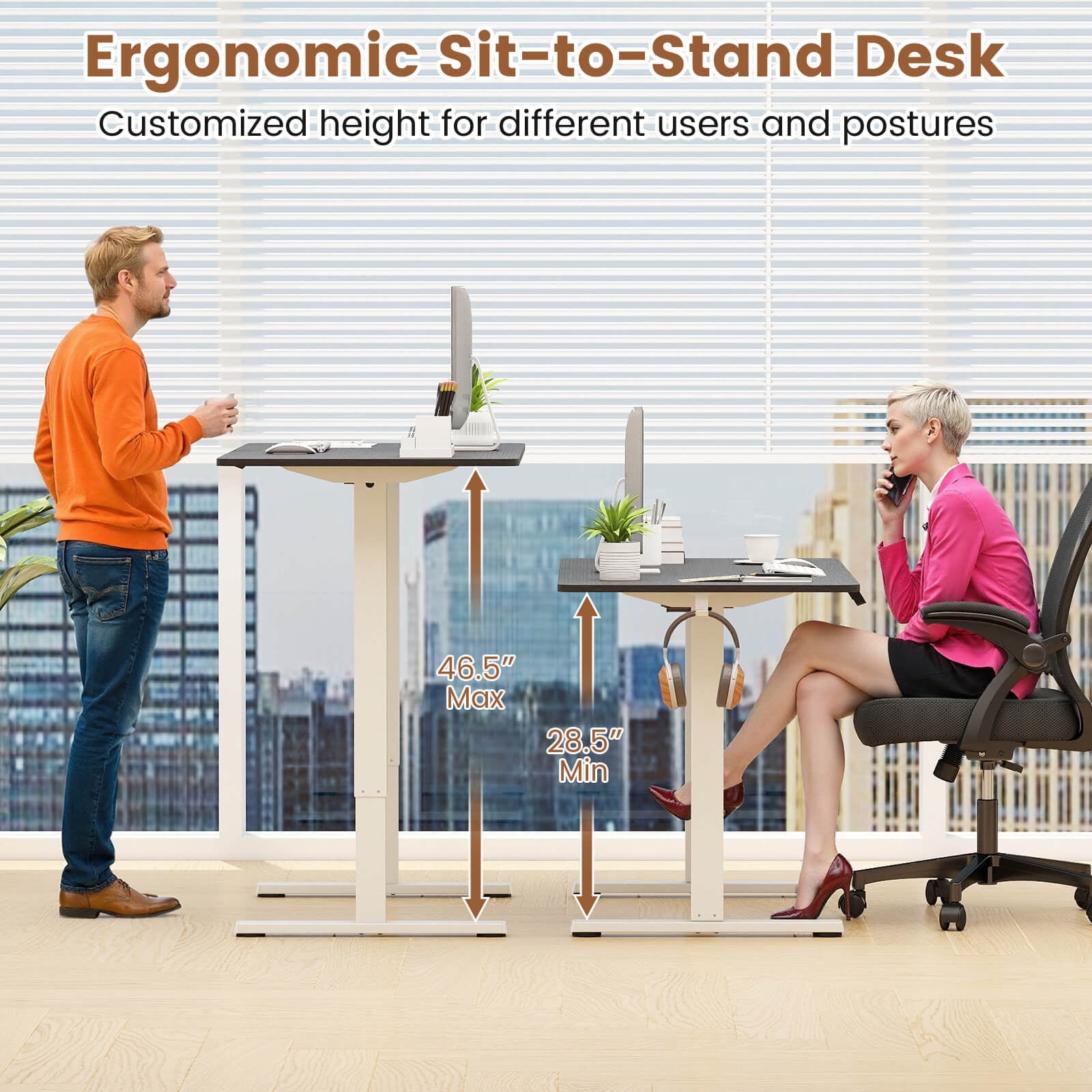 Costway 48” x 24” Electric Standing Desk with LED Display 2 Memory Height Settings for Home Black+White