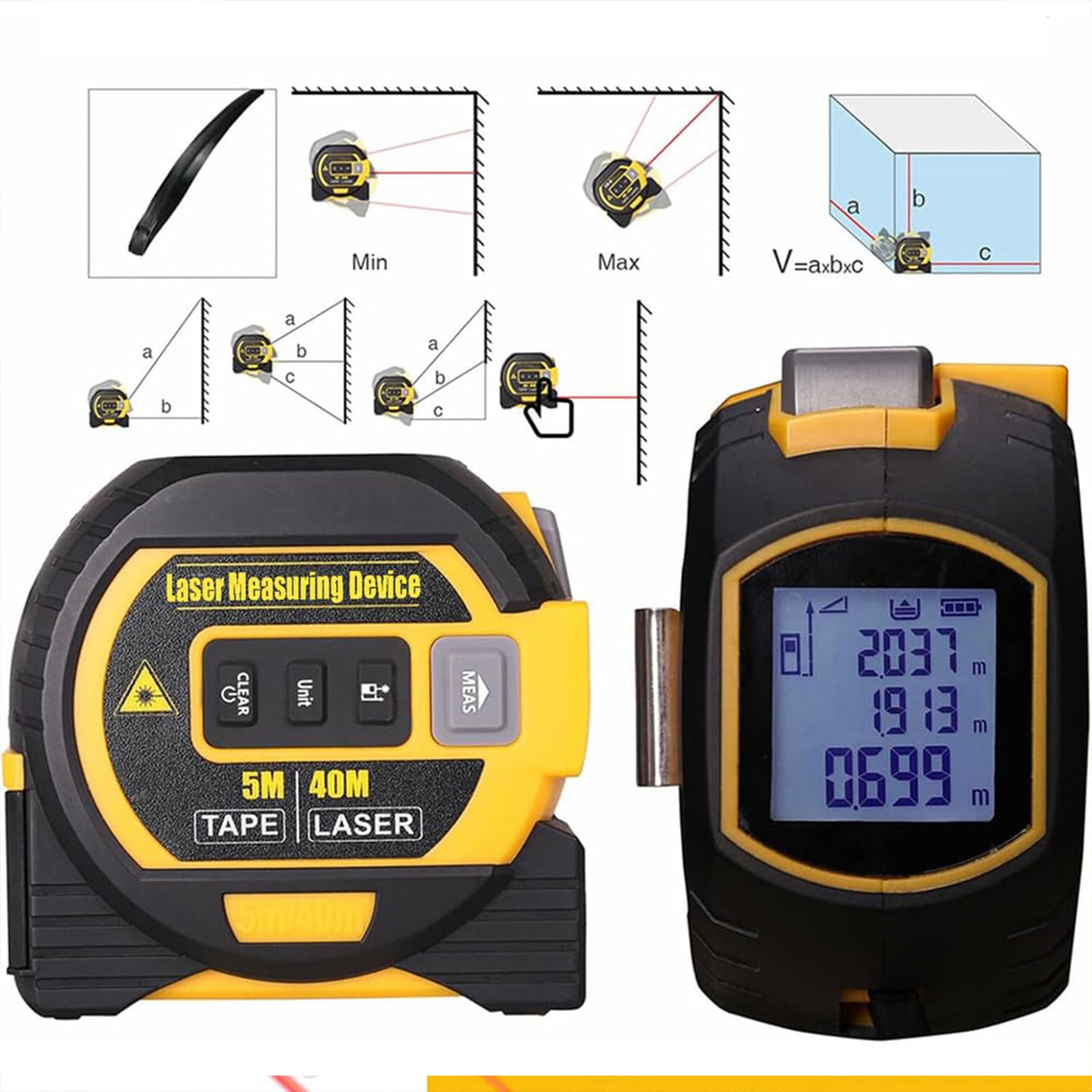3-in-1 Digital Laser Tape Measure, 40m Laser Distance Meter, 5m Portable Tape Measure with Cross Line Laser, Auto Lock, ft/in/m Switch, Area Volume and Pythagorean Measurement Tool