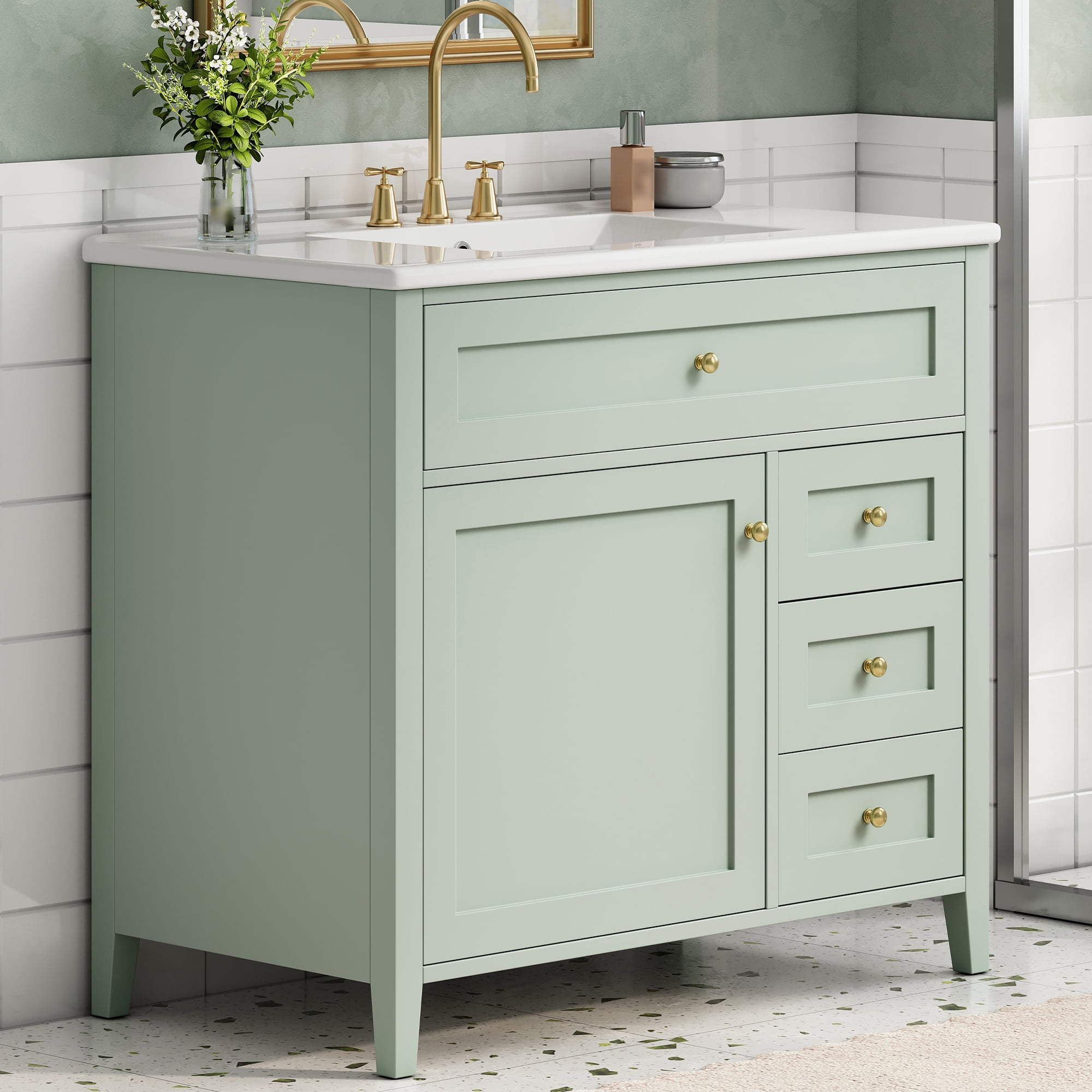 Anpport 36" Freestanding Bathroom Vanity with Sink, Modern MDF & Rubberwood Cabinet, 3 Drawers, Adjustable Shelf & Left‑Side Door, Light Green