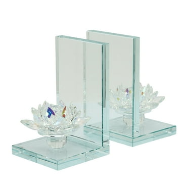 Sagebrook Home Set Of 2 Crystal Lotus Bookends, Rainbow, Novelty, Glass, Glam, 4"L X 4"W X 6.5"H, Solid Color
