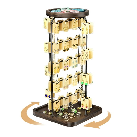 Rotating Earring Display for Vendors, Earrings Holder Organizer for Selling, ATSKIM Necklace Storage Stand, Metal Jewelry Tree with Wooden Tray for Hoops, Keychains, Rings, Bracelets (Black)