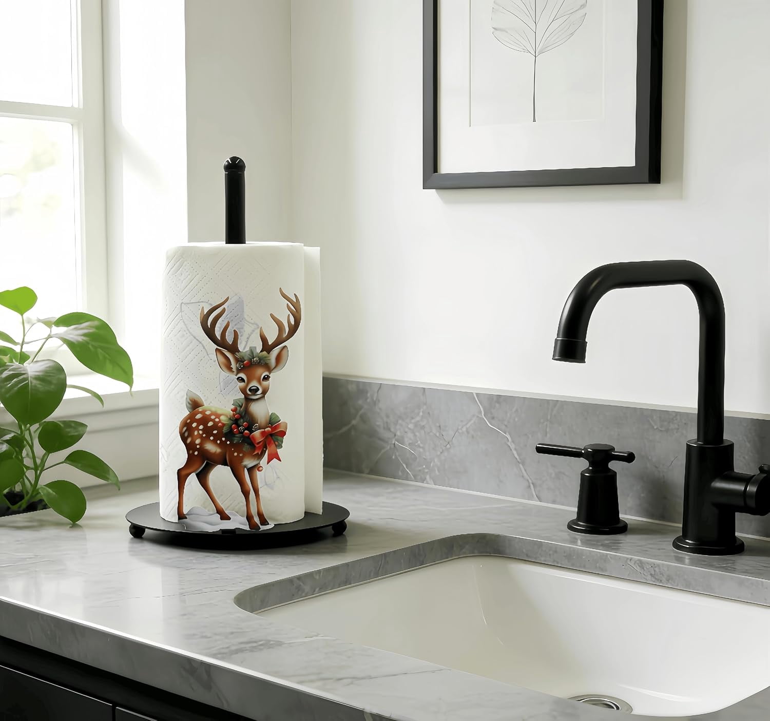 RGHJAR-Deer Paper Towel Holder, One-Handed Tear Paper Roll Stand with Weighted Base, Freestanding Metal Paper Towel Holders for Kitchen Bathroom, Rustic Cute Deer Decor, Housewarming Gift(1 Pack)