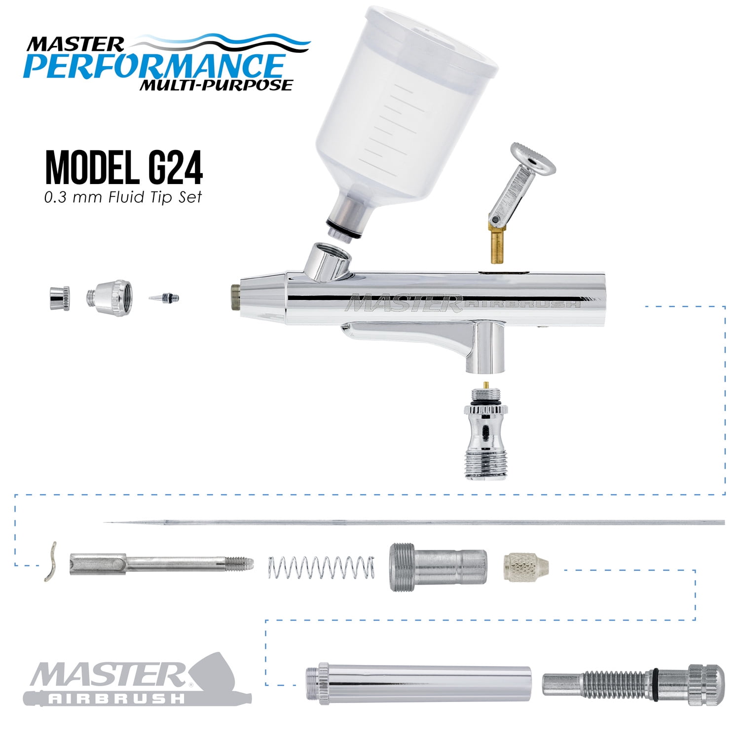 Master Elite DUAL-ACTION AIRBRUSH Set Kit 3/4,1.5 oz Plastic Gravity Cups Sunless Tanning