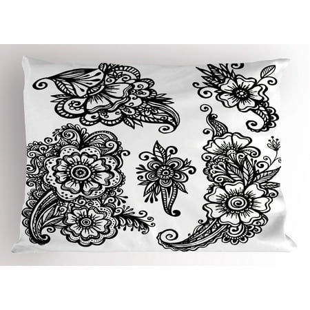 Henna Pillow Sham Hand Drawn Style Vintage Mehndi Compositions Blossoming Flowers Retro Fun Design, Decorative Standard Size Printed Pillowcase, 26 X 20 Inches, Black White, by