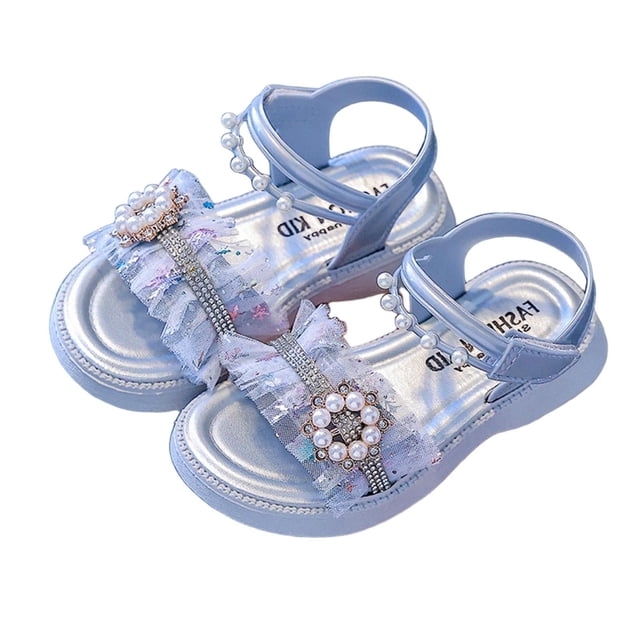 Xfvqtps Kids Girls Princess Sandals Open Toe Pearl Rhinestone Lace Hook and Loop Soft Sole Flats Summer Shoes