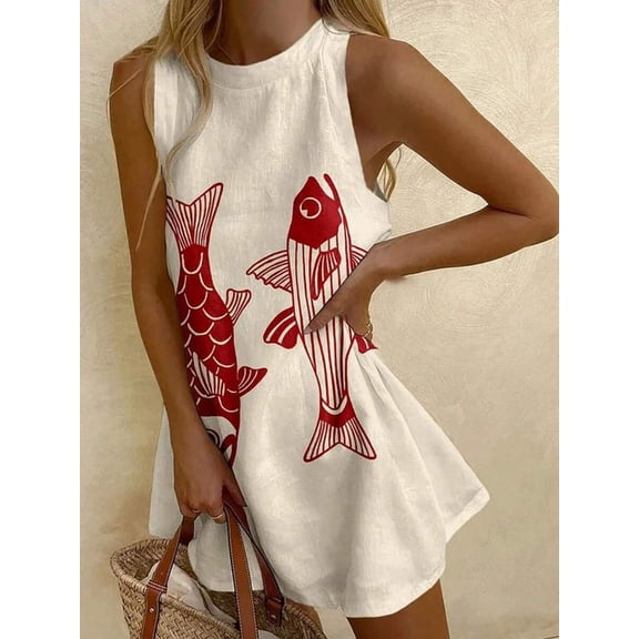 White Sleeveless Tank Mini Dress With Red Fish Graphic Crewneck Loose Fit Summer Sundress