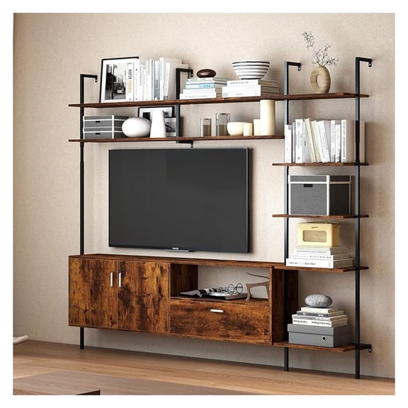85.8" Wall Unit TV Stand for 55 60 Inch TV, Industrial Entertainment Center with Bookshelves and Adjustable Shelves, TV Console with Storage for Living Room, Rustic Brown