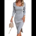 thumbnail image 2 of Vestido de Verano 2025 para Mujer, Ajustado, de Corta, Acanalado, con Abertura Lateral, de Punto y Cuello Cuadrado. Gris S, 2 of 9