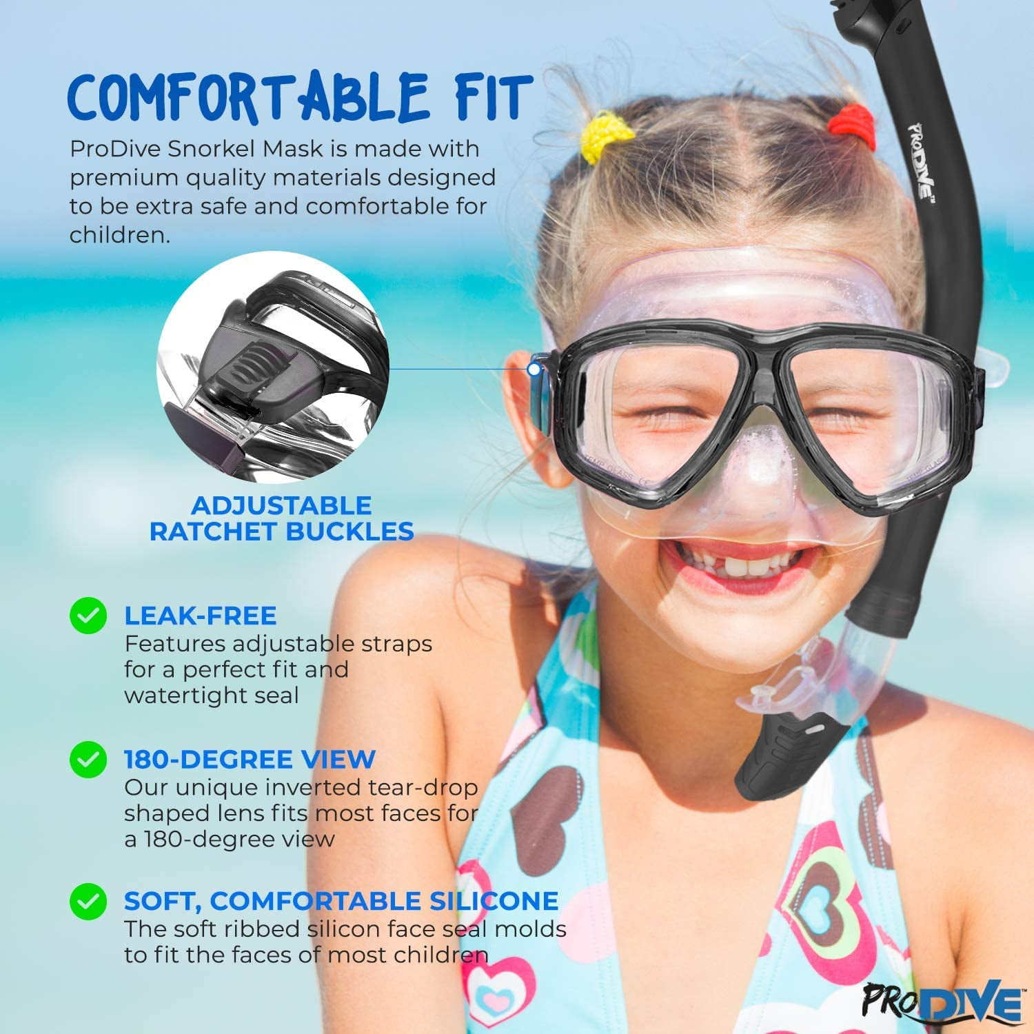 Prodive Premium Dry Top Snorkel Set - Impact Resistant Tempered Glass Diving Mask - Watertight and Anti-Fog Lens for Best Vision - Easy Adjustable Strap - Waterproof Gear Bag Included (Blue, Kids)