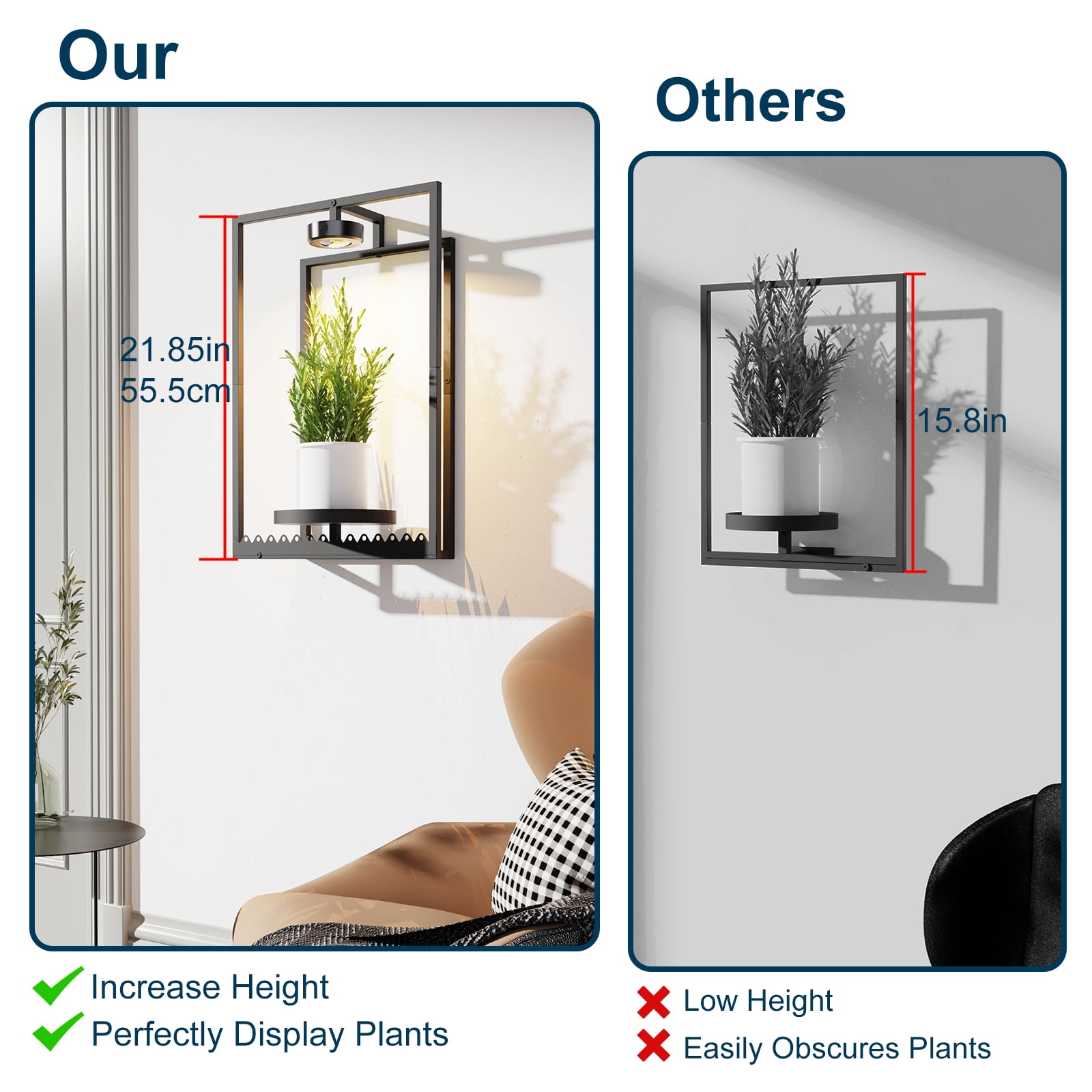 Wall Plant Holder, Indoor Plants Holders with Remote Grow Lights, Plant Shelves Hanging Planters, Framed Plants Holder for Living Room, 2 Pack
