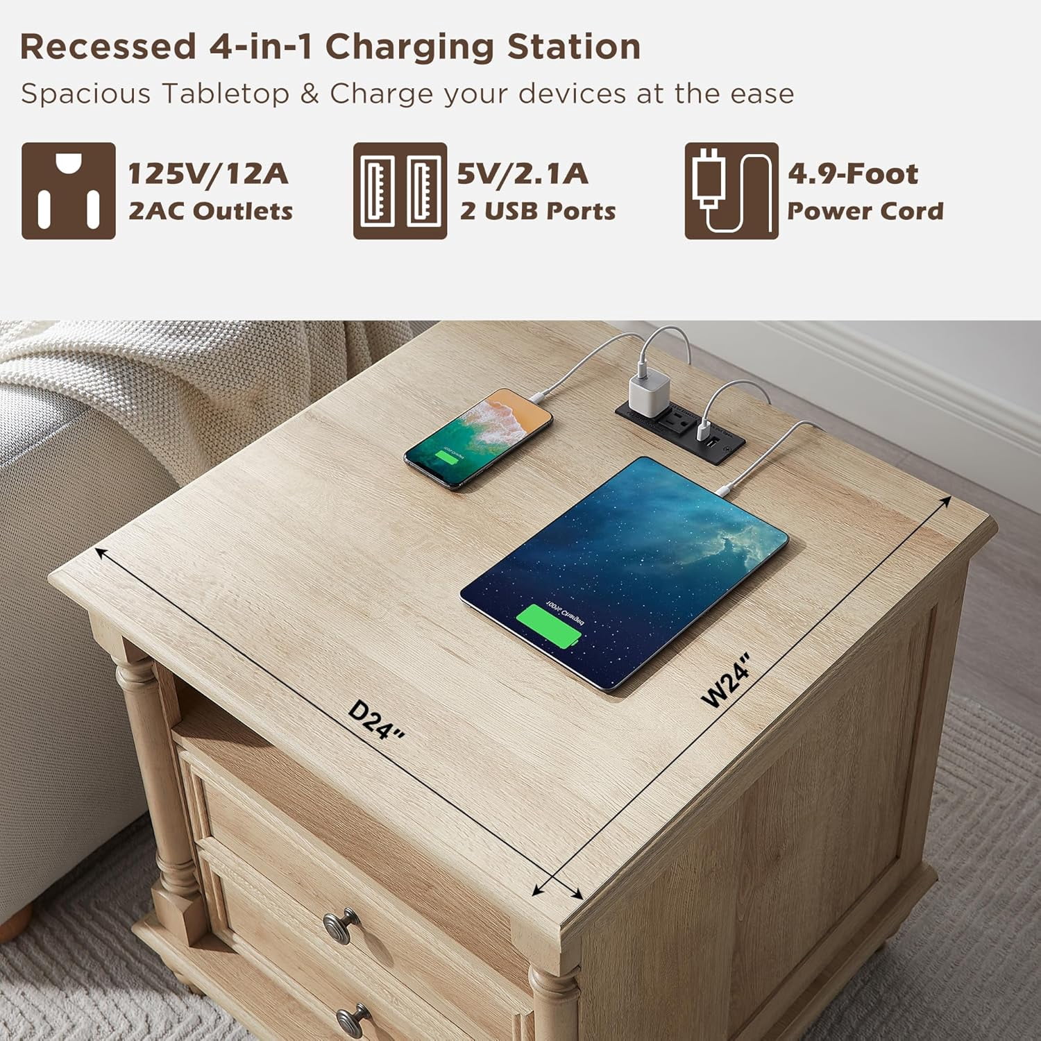 OKD Wood Nightstand with Charging Station for Bedroom, Farmhouse End Side Table with 2 Drawers for Living Room, Natural Oak