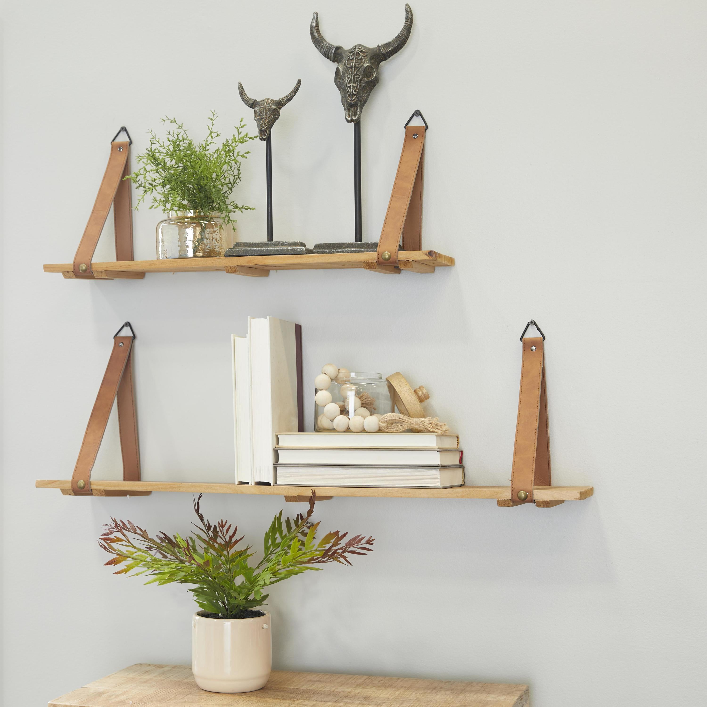 CosmoLiving by Cosmopolitan 24", 32"W 2-Tier Brown Wall Shelf with Faux Leather Straps (2 Count)