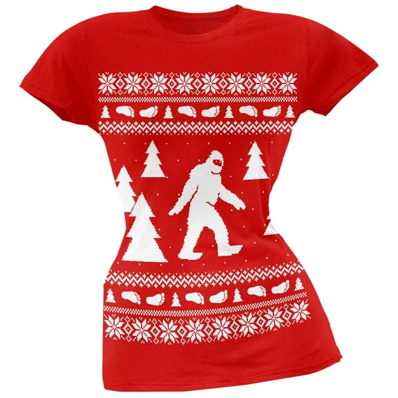 Sasquatch Ugly Christmas Sweater Red Soft Juniors T-Shirt - 2X-Large