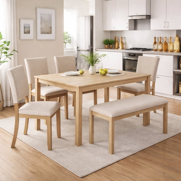 GOMYHOME 6-Piece Dining Table Set with Bench, Light Oak Wood Kitchen Table and 4 Upholstered Chairs