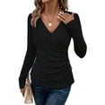 thumbnail image 2 of Womens Long Sleeve Shirts V Neck Ribbed Knit Slim Fit Button Light-Weight Sweater Fall Casual Work Tops Black L, 2 of 9