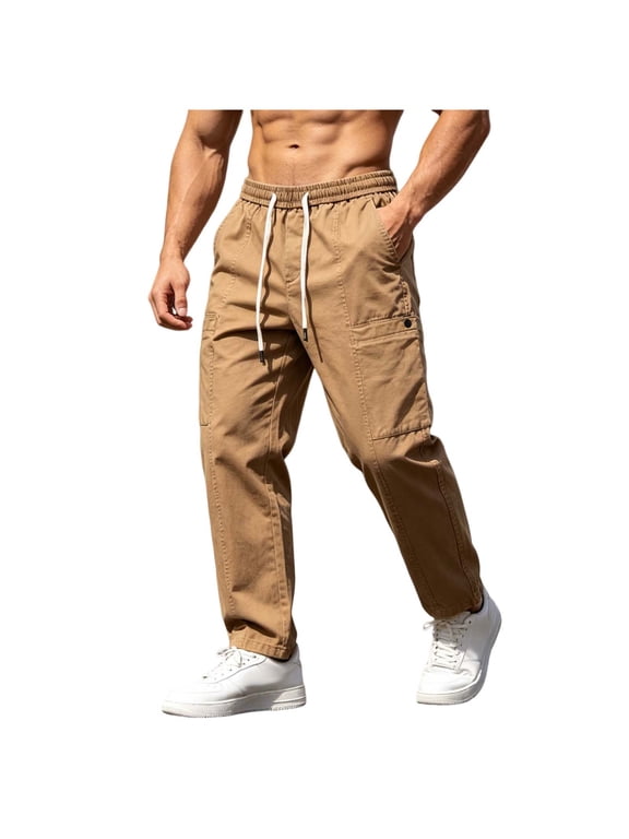Mens Tapered Pants Casual Elastic Waist Drawstring Athletic Jogging Sweatpants with Multi Pockets Khaki L
