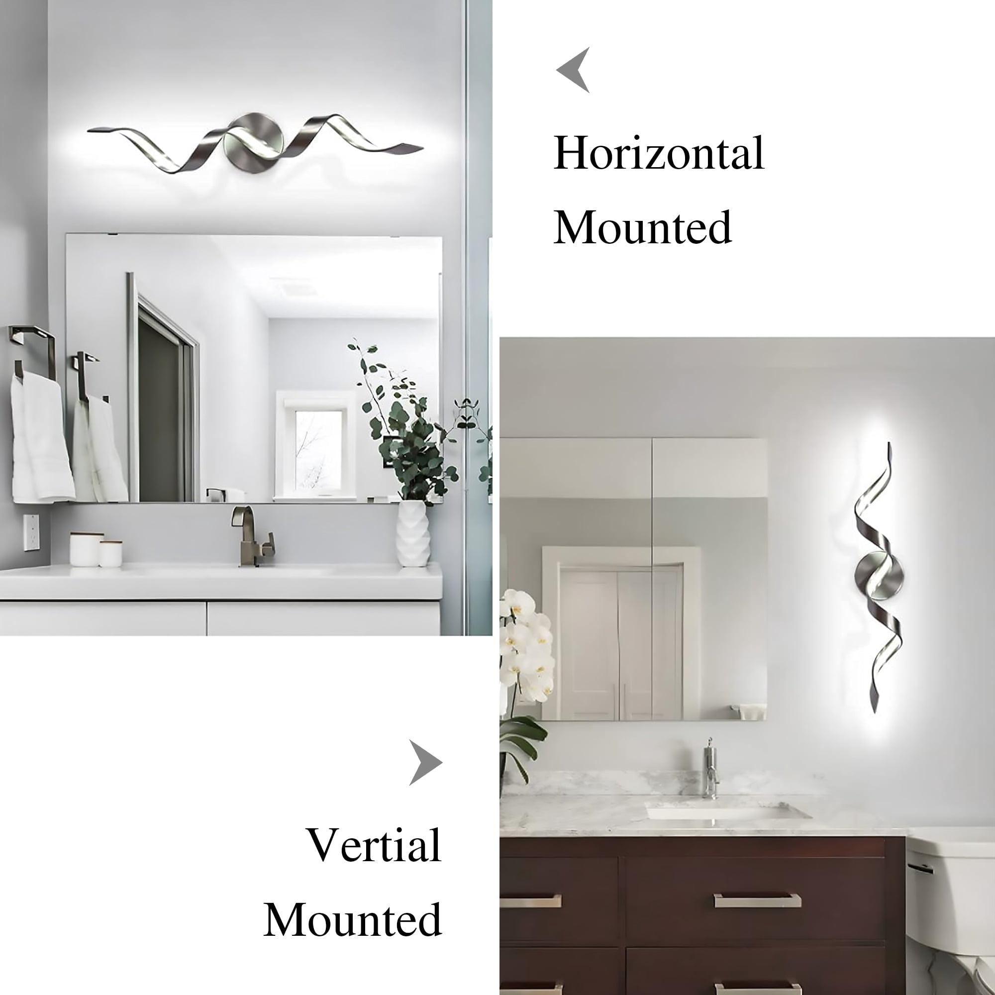LED Bathroom Vanity Lights, 24inch Dimmable Black Bathroom Lighting Fixture Over Mirror 15W Spiral Design LED Wall Light Fixtures