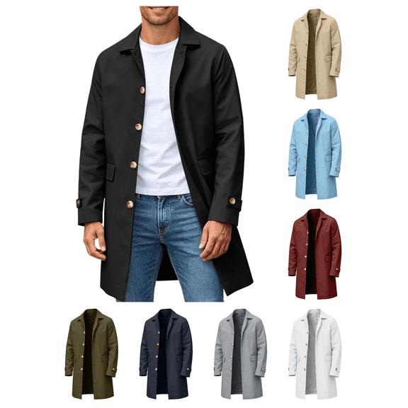 Zynoxe Men's Mid‑Length Jackets Classic Lapel Button Down Jackets for Men Lightweight Open‑Front Casual Trench Coat Wrinkle‑Resistant Solid Color Outer Jacke Black M