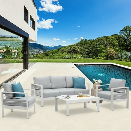 Sunvivi Aluminum Outdoor Furniture Set 4 Pcs Patio Sectional Conversation Sofa Set with Coffee Table White