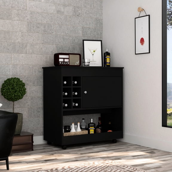 Lotus 6 Bottle Bar Cart, Black Look, One Cabinet, 4 Cart By Lotus, Scheme, 1