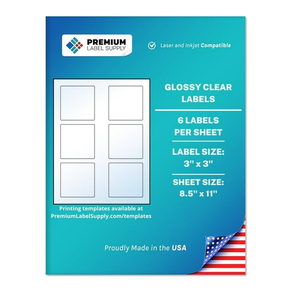 Premium Label Supply Glossy Clear Sticker Square Labels – 3” x 3" – Laser/Inkjet Compatible – (6 Labels/Sheet), 10 Sheets – 60 Total Adhesive Labels