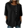 thumbnail image 2 of Mifsaly Vacation Tops for Women Button Down Short Sleeve Linen Shirts with Drawstring Hem Lightweight Flowy Loose Fit Textured Summer Boho Clothes Black,S, 2 of 7
