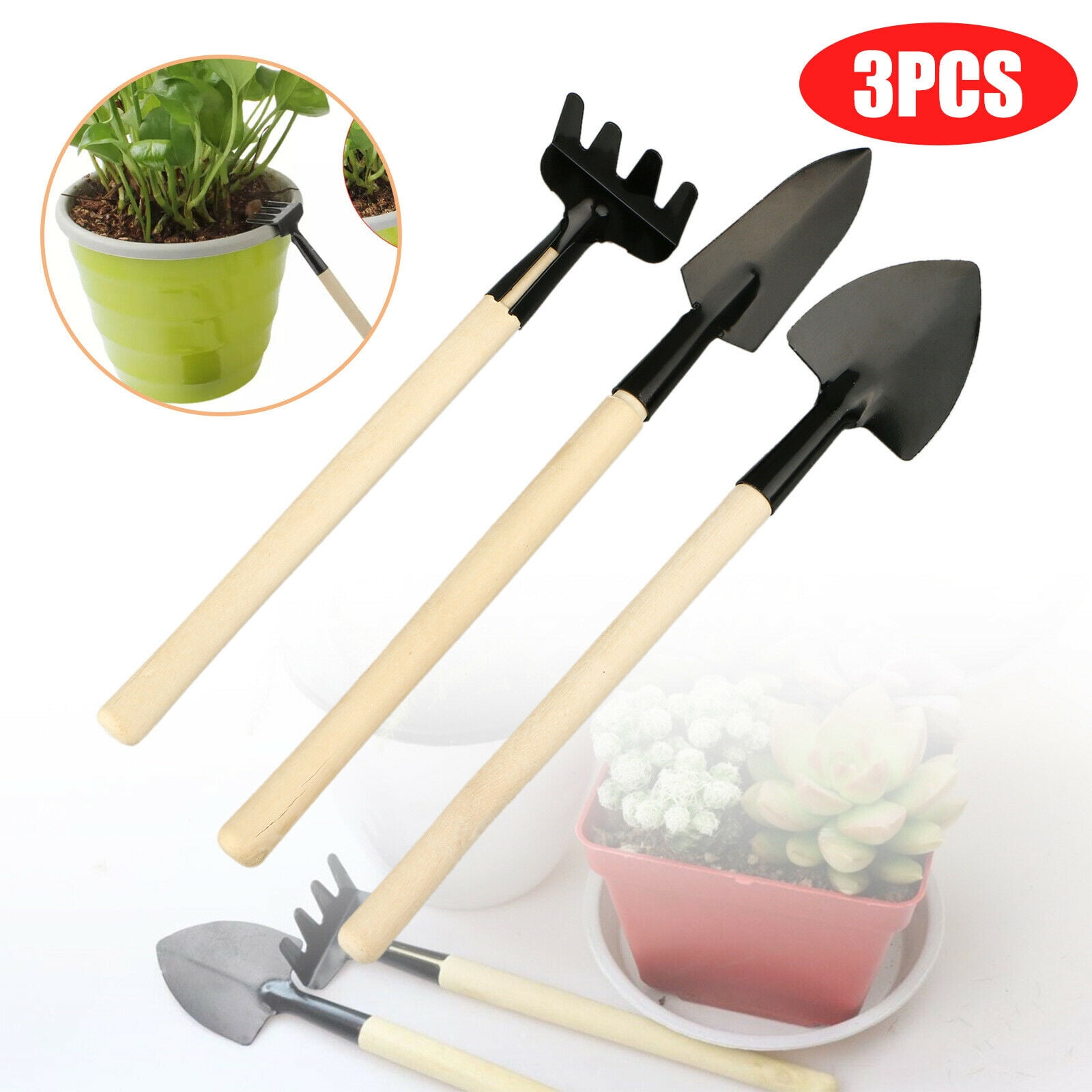 3Pcs/set Mini Wooden Handle Shovel Rake Spade Gardening Garden Plant Tools Set 