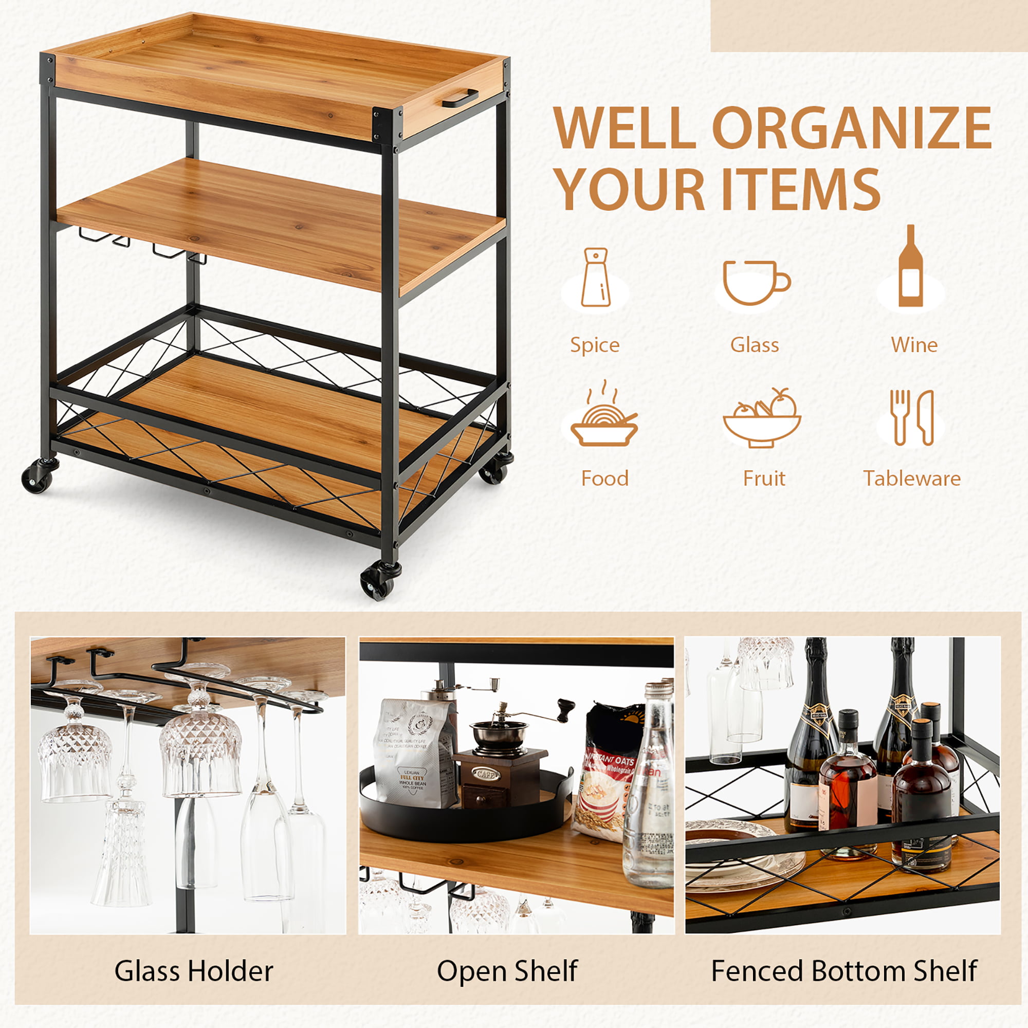 3 Tiers Kitchen Island Serving Bar Cart with Glasses Holder and Wine Bottle  Rack - Costway