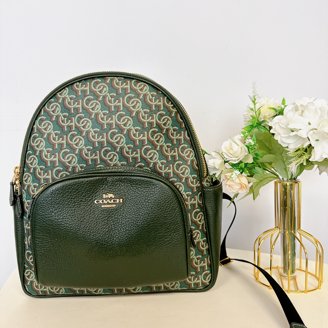 coach dark green leather backpack 2018 Court In Signature Canvas Refined pebble leather Inside zip cell phone and multifunction pockets Laptop compartment with zip closure Zip closure recycled polyester lining Top handle with 3 drop Outside zip pocket Luggage sleeve Adjustable shoulder straps Fits a 16 laptop 11 3/4 (L) x 16 1/2 (H) x 6 (W) Style No. Coach Leather Backpack (C2797), Medium
