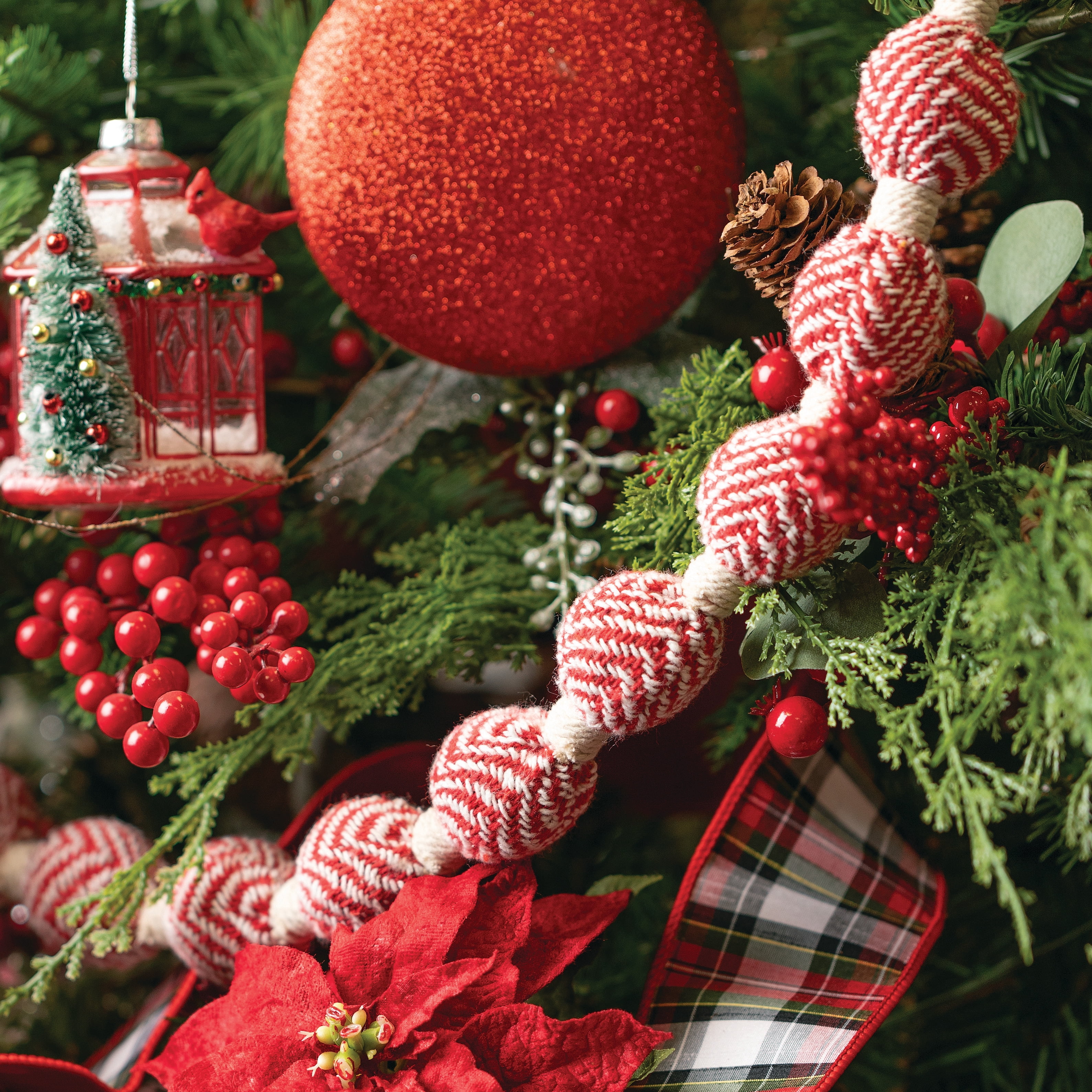 6'L Sullivans Red Herringbone Ball Garland, Red Christmas Garland