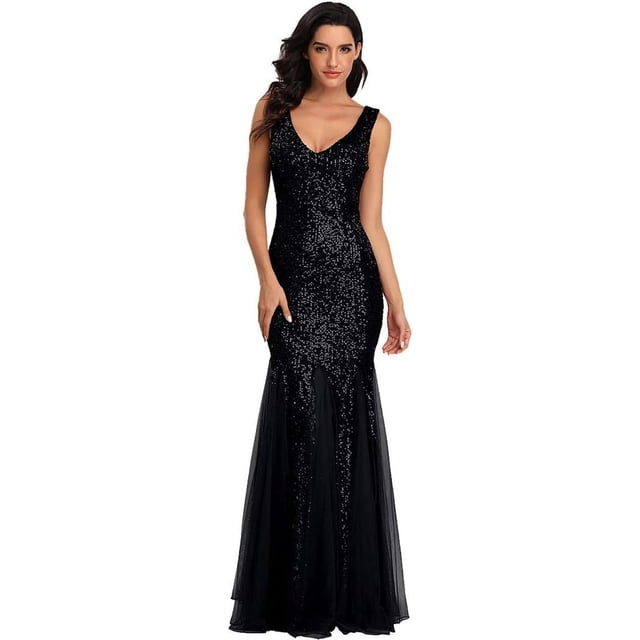 Sleeveless Double V-Neck Long Mermaid Sequin Formal Evening Dresses