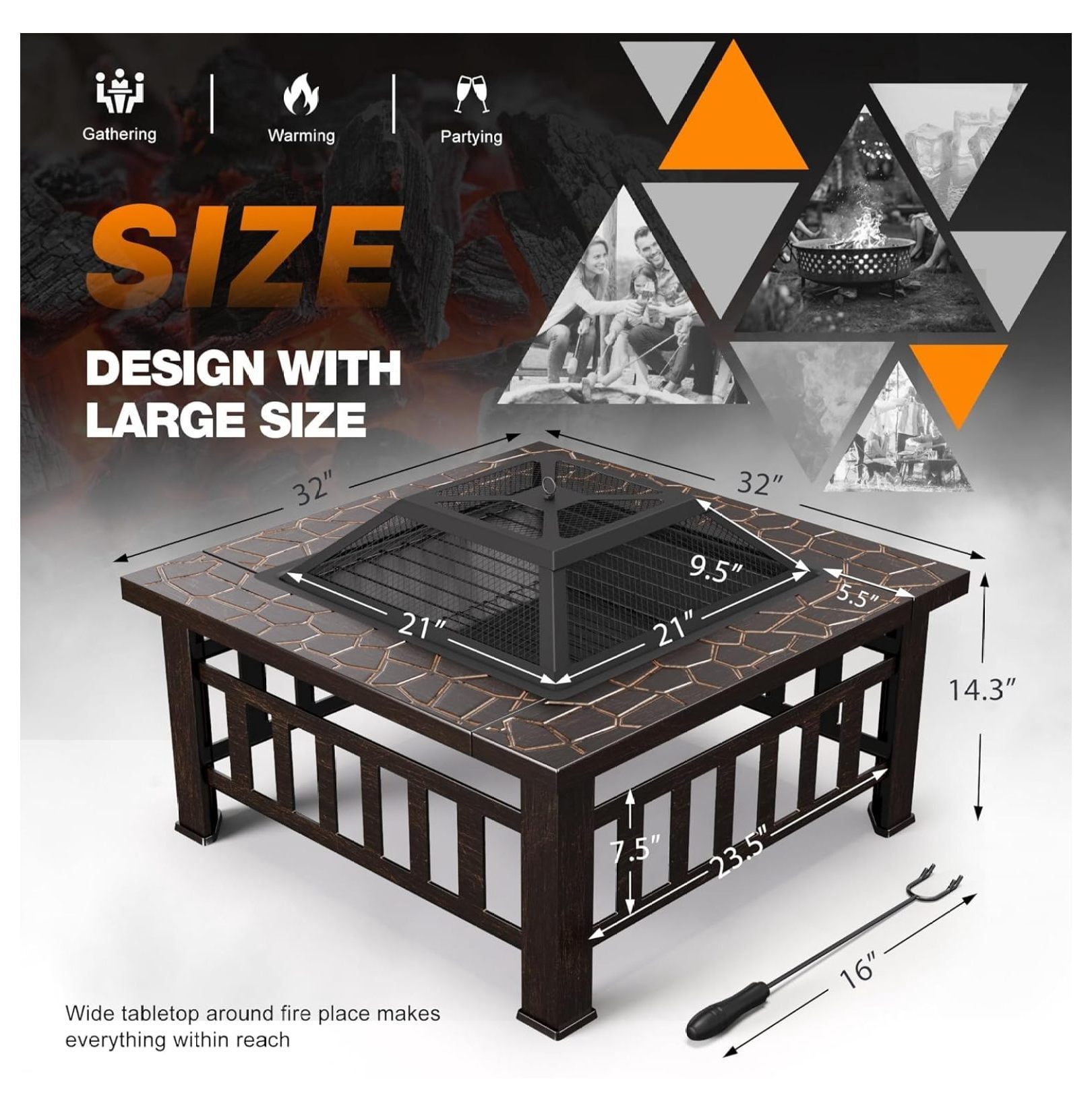 SONGMY Outdoor Fire Pit, 32 Inch Firepit Table Metal Outdoor Fireplaces with Waterproof Cover for Outside Patio Camping (Copper)