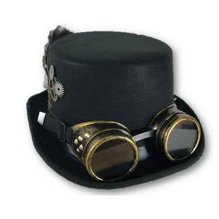 Ladies Deluxe Top Hat Goggles Black Steampunk Victorian Gears Costume