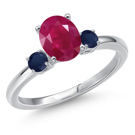 Gem Stone King 14K White Gold Red Ruby and Blue Sapphire Engagement Ring for Women | 1.90 Cttw | Oval 8X6MM | Gemstone July Birthstone | Size 5