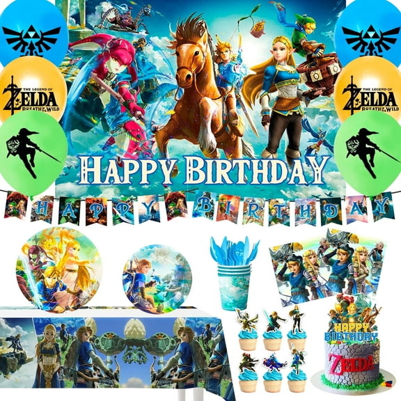 Zelda Birthday Party Supplies,112pcs Zelda Party Decorations & Tableware Set- Zelda Birthday Decorations Balloons Banner Backdrop & Zelda Plates Cups Table Cover etc Legend Of Zelda Party Supplies