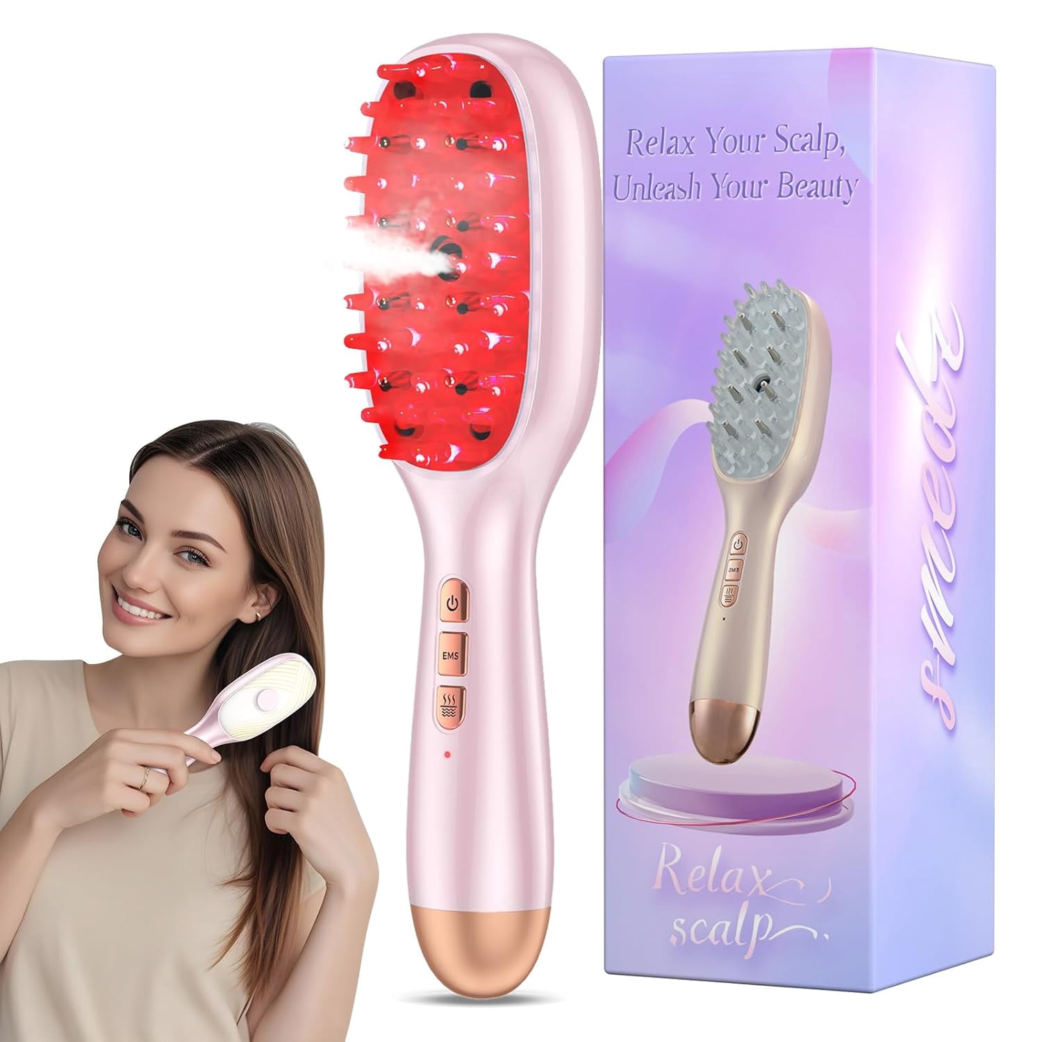 Laser Hair Growth Comb, Hair Oil Applicator Brush, Red Blue Light Phototherapy Vibration Hair Regrowth Brush for Hair Growth & Anti Hair Loss (Pink)