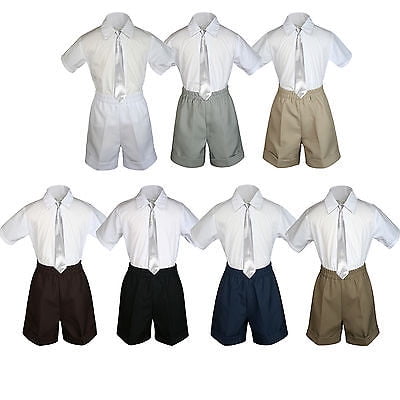 

3pc Set BoyToddler Formal Party Silver Necktie White Black Khaki Shorts S-4T