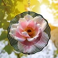 thumbnail image 3 of Vibrant Pink Flower Metal Hanging Wind Spinner - Elegant Garden Wind Chime with Concentric White Lines & Soft Green Background, 3 of 6