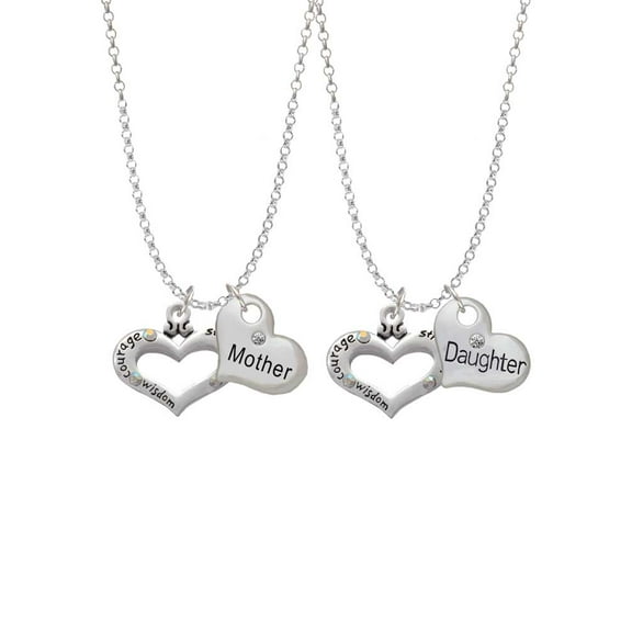 Delight Jewelry Silvertone Heart with 3 AB Crystals - Courage Strength Wisdom Mother & Daughter Heart Necklaces (Set of 2), 19" 2"