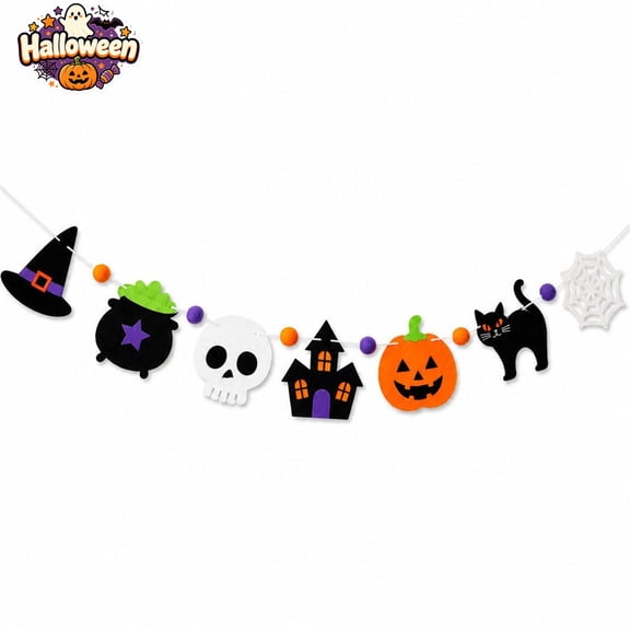 Halloween Felt Banner Garland, Witch Hat Cauldron Skull Black Cat Pumpkin Bunting, Indoor Outdoor Halloween Decorations, Non-Woven Fabric Hanging String for Wall Porch Tree Fall Party Home Decor