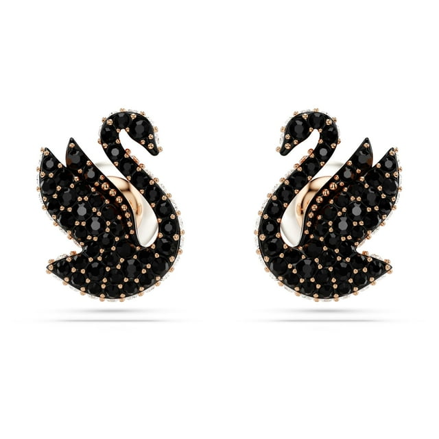 Pendientes con forma de cisne de Swarovski con cristales negros y perlas de oro rosa