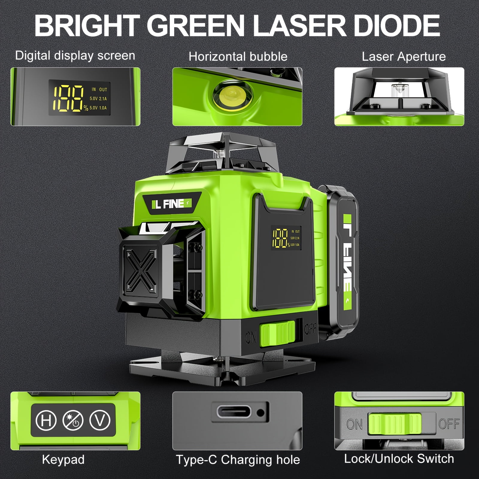 LFINE 4D Self-Leveling Laser Level, Plastic Alloy Material - 4x360° Cross Line with Tripod, 4800mAh Battery, Durable Case for Construction & Tile Work
