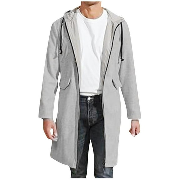 guisaled Men's Trench Coat Fall Winter Hooded Wool Trendy Pea Coat Zipper Long Sleeve Solid Color Casual Waterproof Overcoats