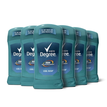 Degree Men Antiperspirant Deodorant Solid 48 Hour Sweat and Odor Protection Cool Rush Men's Deodorant Keeps You Feeling Fresh and Dry 2.7 oz, Pack of 6