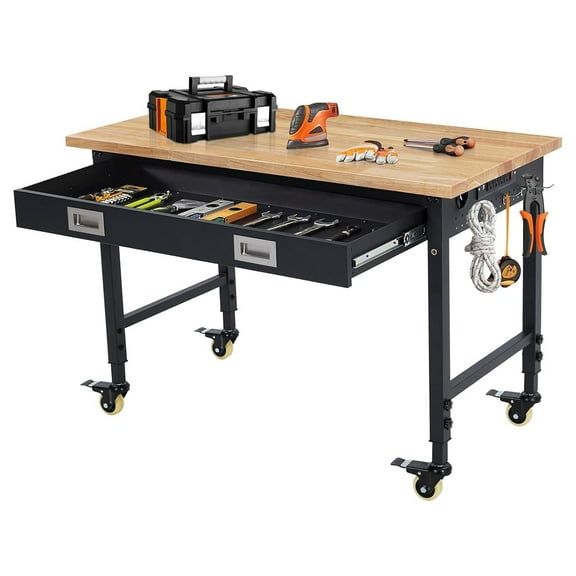 Pinypikaka Adjustable Workbench 48"x24", Heavy Duty Rubber Wood Top Worktable with Drawer Storage, 2000 Lbs Load Capacity, Mobile Tool Storage Station with Power Outlets